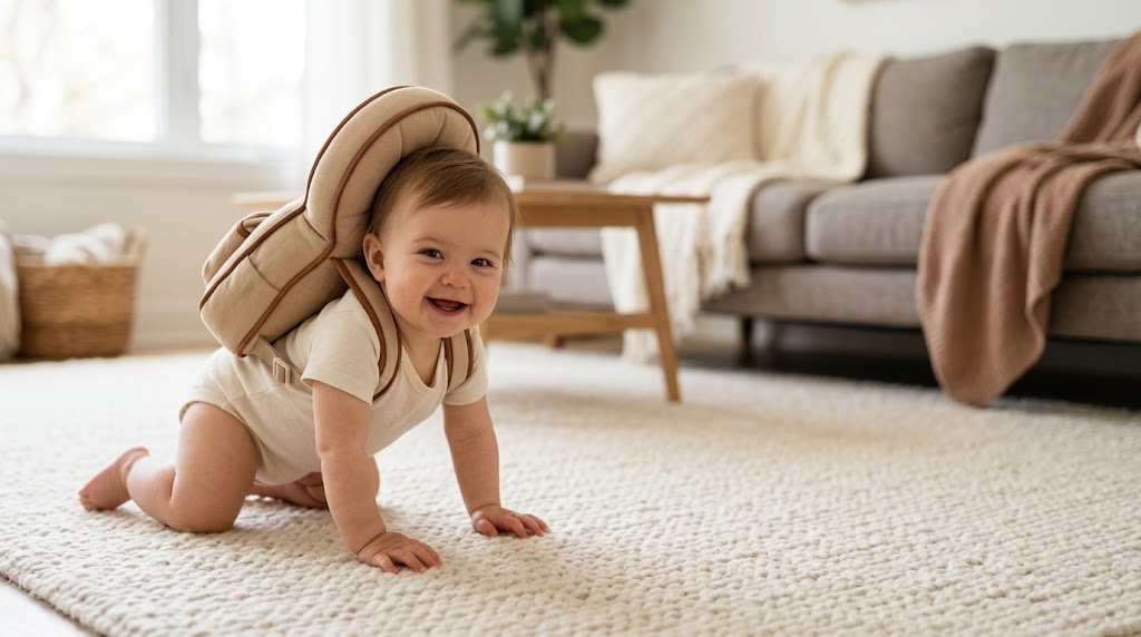 ValGuard hoofdbanner - baby met hoofdbescherming kruipt op tapijt