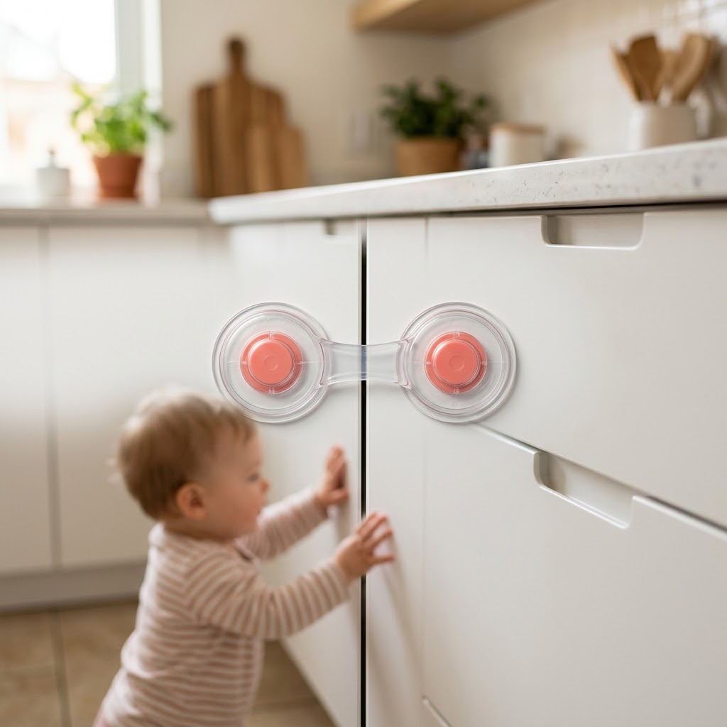 ValGuard kastjesslot correct gemonteerd over de naad tussen twee keukenkastjes